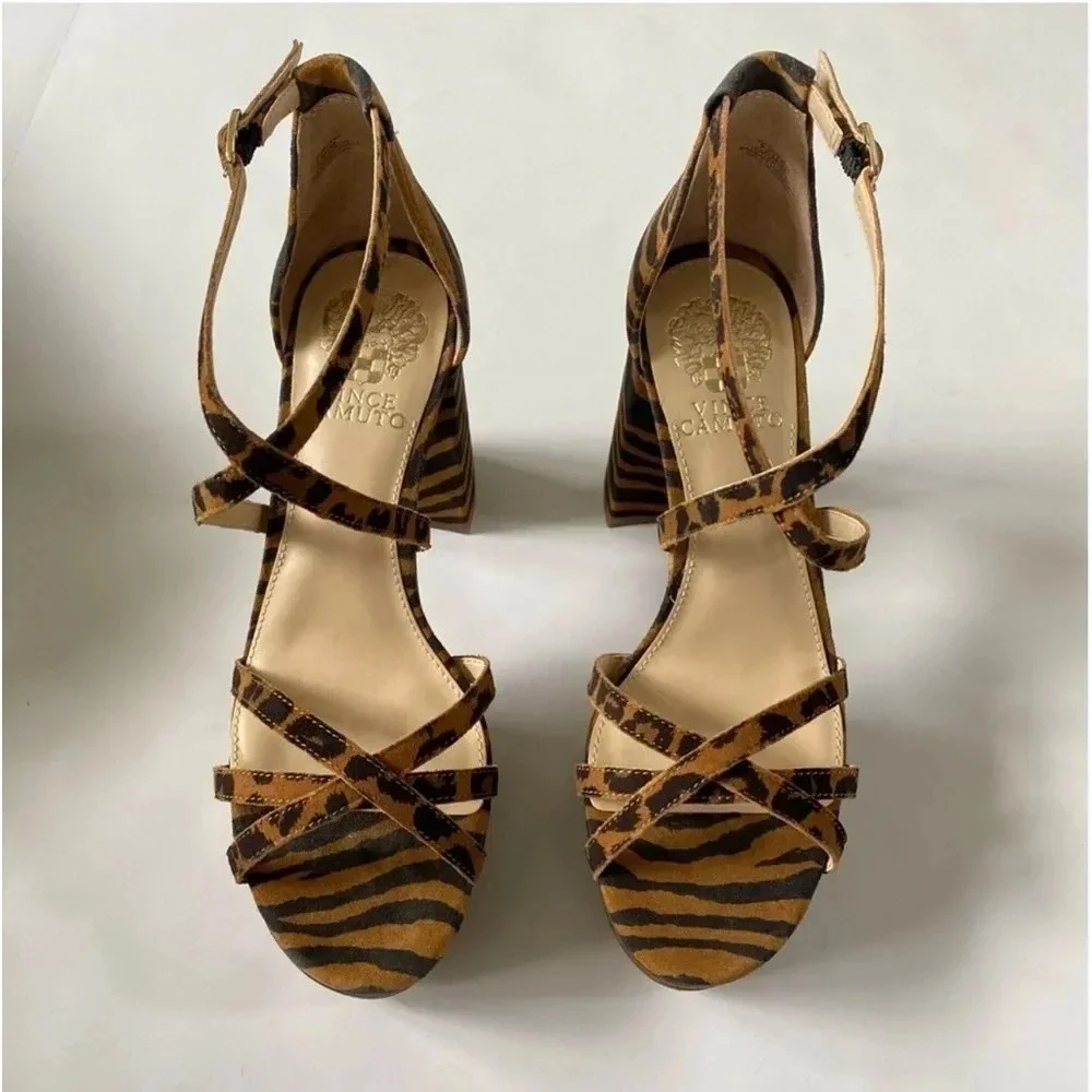 New Vince Camuto Garnitta Strappy Platform Sandals Size 7.5 Summer Natural zebra
